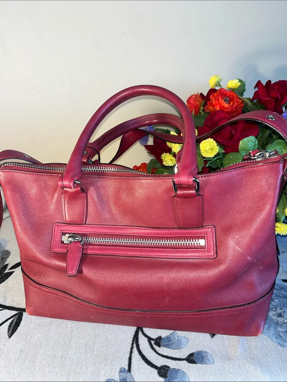 Coach Fuchsia Leather Shoulder Bag with Tassel Charm